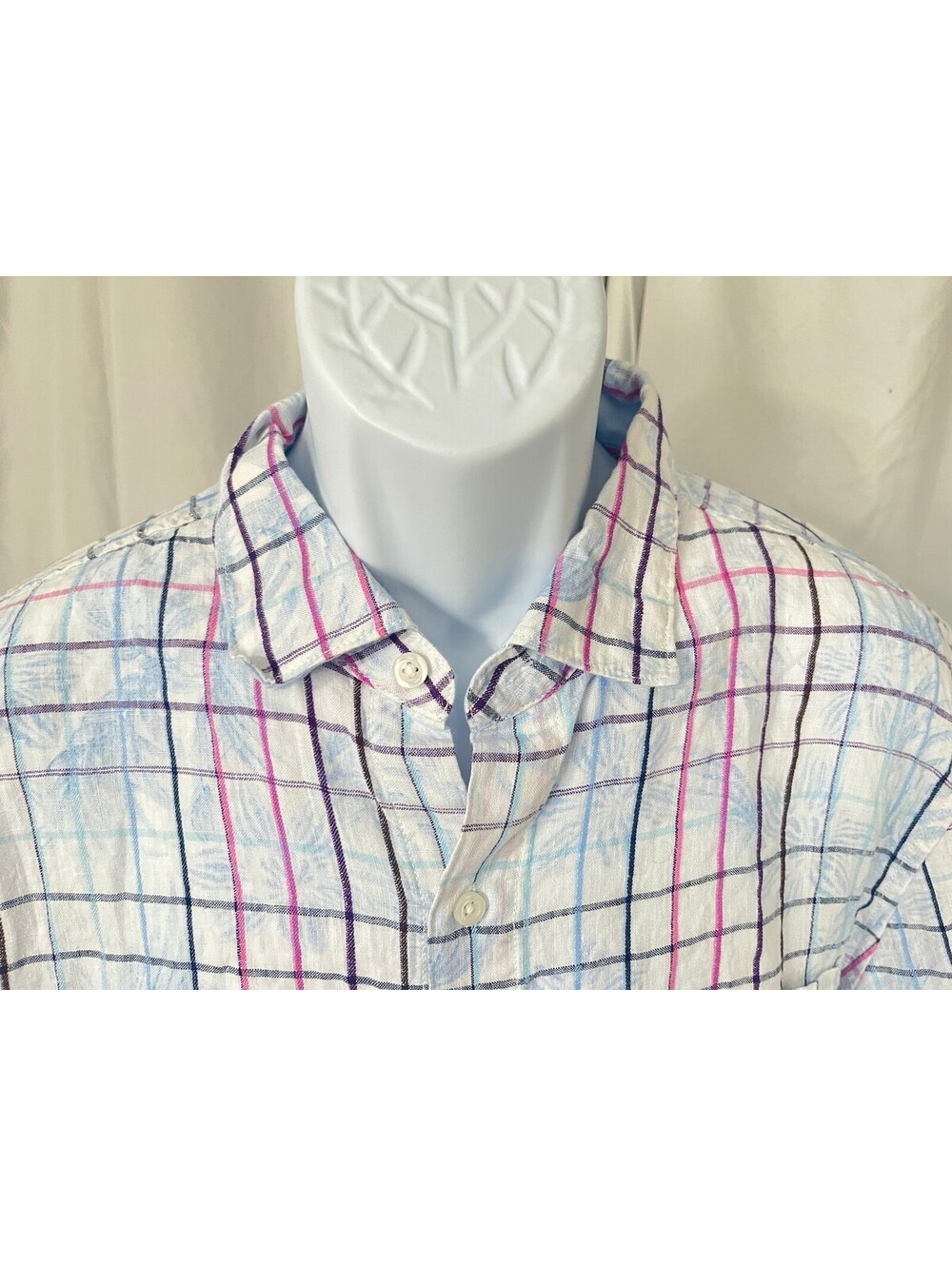 Tommy Bahama Men's White Blue Pink Plaid 100% Linen Long Sleeve Shirt Large L